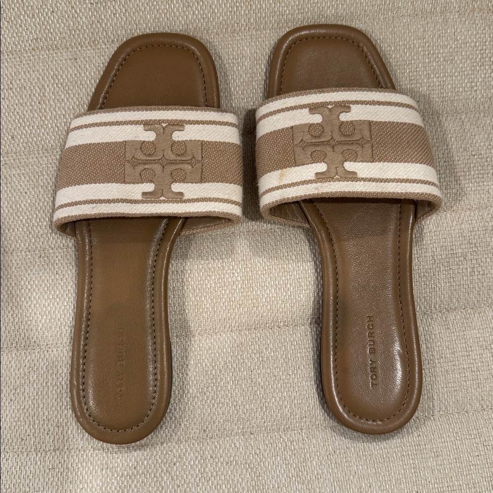 Tory Burch Tan and Cream Slide Sandals
